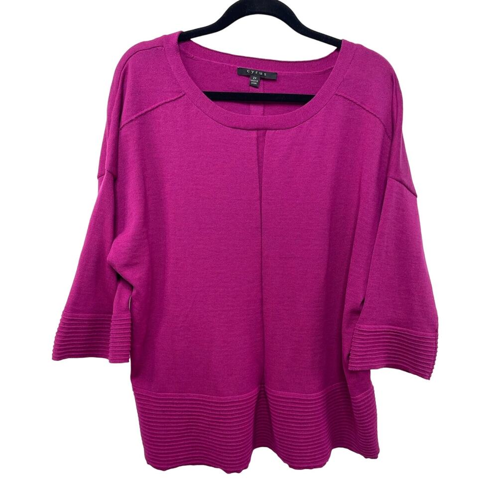 Cyrus 3/4 Sleeve Scoop Neck Oversized‎ Sweater Blouse Fuchsia Pink Plus Size 2X